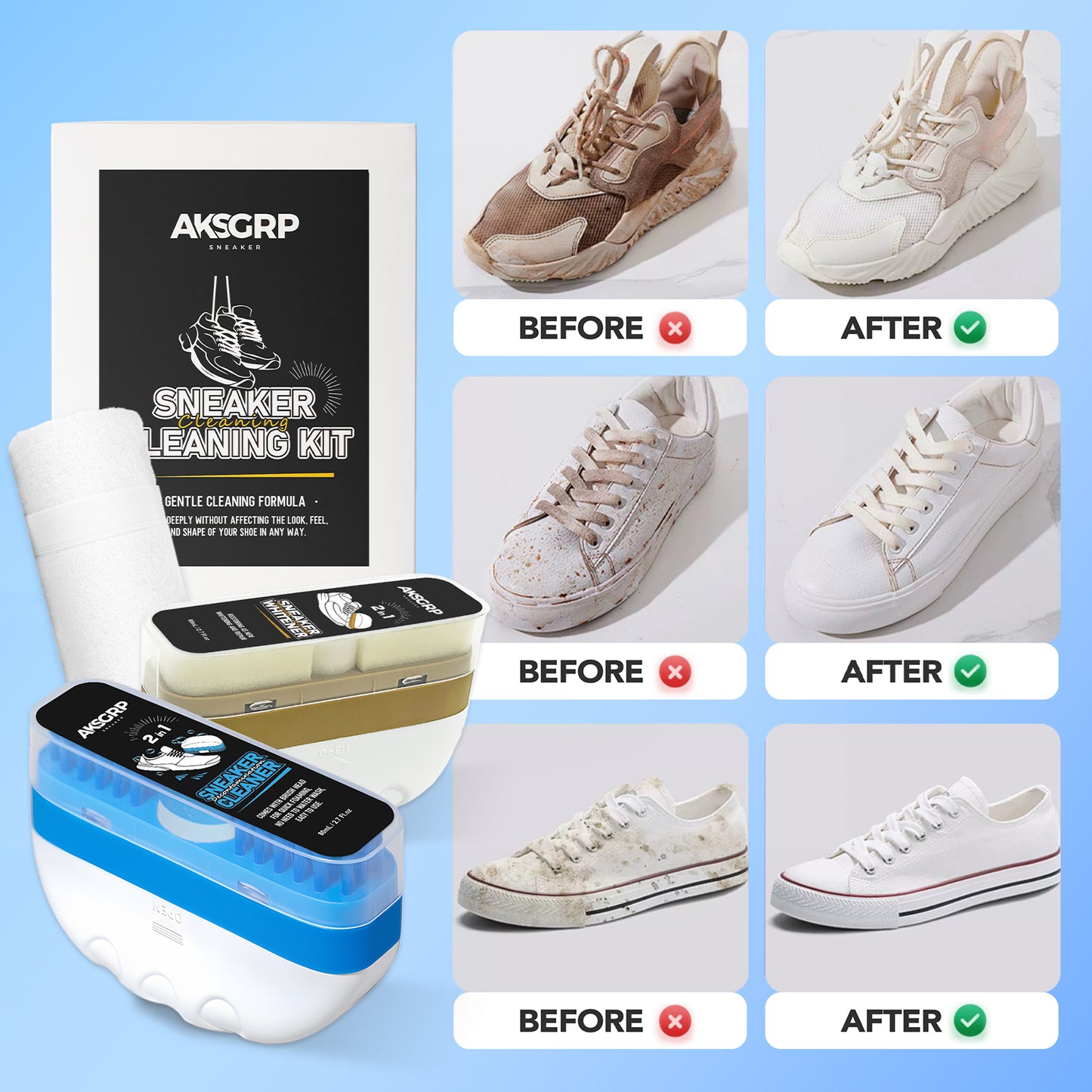 Sneaker Care Kit (3 Piece Set - Cleaning - Whitening - Box Packaging) [Easy Brush/One-Brush White/Towel]