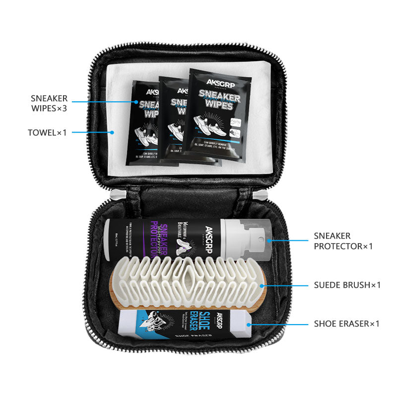 Suede Care Portable Kit (Leather Zipper Bag) [Waterproof Spray/ Suede Shoe Brush/ Eraser/ Wet Wipes/ Towel]